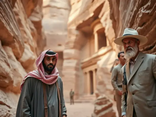 عوده في وادٍ صخريّ في البترا، وأمامه رجلٌ بقبّعة.